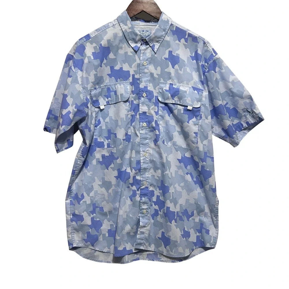 Tejas Mens Fishing Shirt L Blue Texas Camo Western Ranchcore Outdoor Button Up